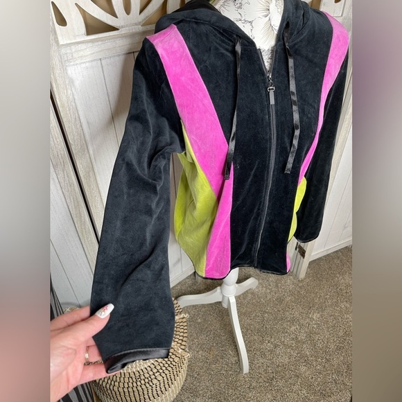 Blast Velour Hoodie Sweater Full Zip Y2K Black Colorful Vintage Small Petite - Picture 3 of 6